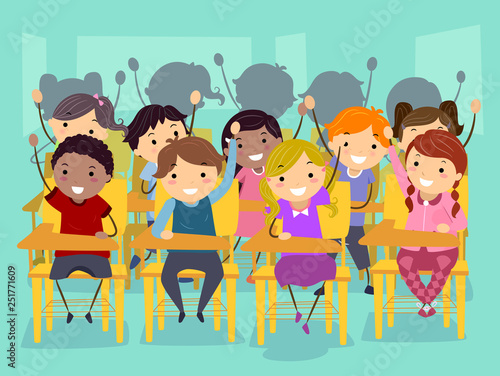 Stickman Kids Classroom Raise Hands Illustration