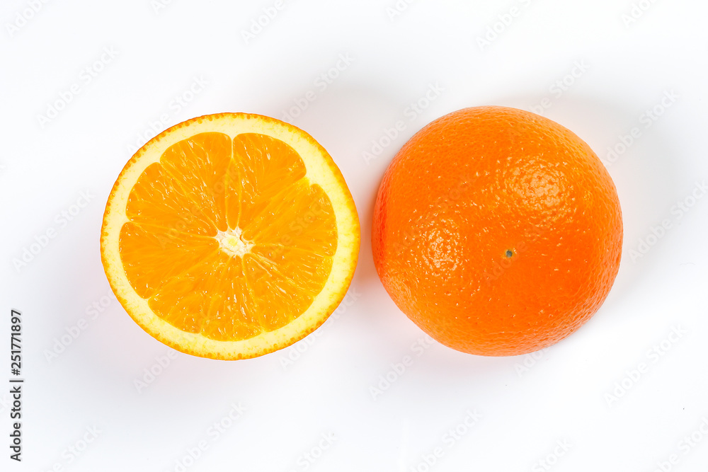 Orange Fruit half cut slices top view white background Orange Fruit half cut slices top view white background