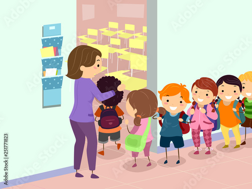 Stickman Kids Line Entering Classroom Illustration
