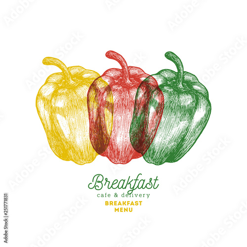 Anaglyph pepper illustration. 3D effect. Green cafe cover menu design template. Vector illustration