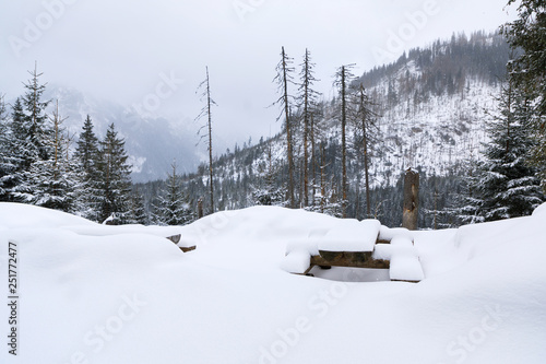 Snow-covered bench with table in the mountains