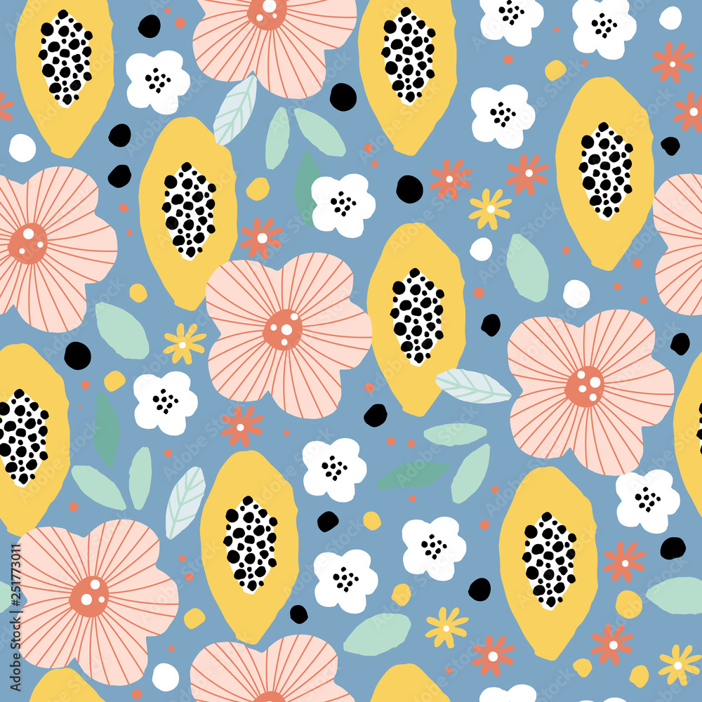 Seamless background with flowers and papaya Seamless background with flowers and papaya