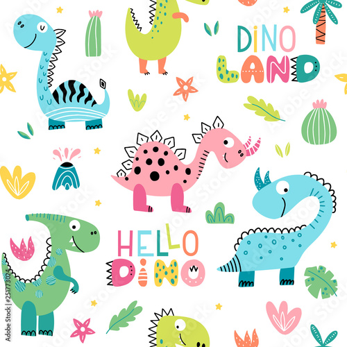 Funny cartoon dino seamless pattern