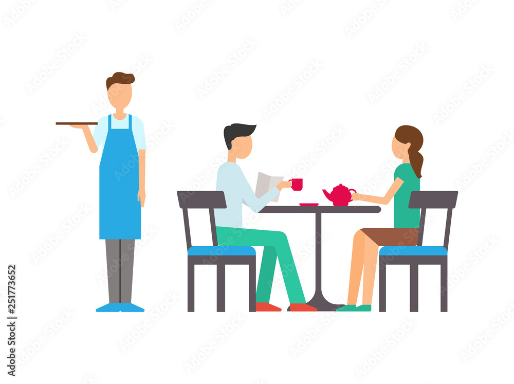 Man and woman in cafeteria, girl holding teapot, boy reading paper and drinking, standing waiter with tray. Leisure of people, flat design of cafe vector