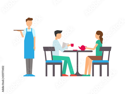 Man and woman in cafeteria, girl holding teapot, boy reading paper and drinking, standing waiter with tray. Leisure of people, flat design of cafe vector