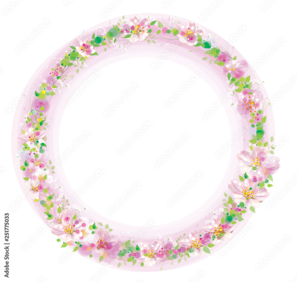 Vector  floral  circle  frame. Pink flowers and leaves, bokeh effect isolated on white.
