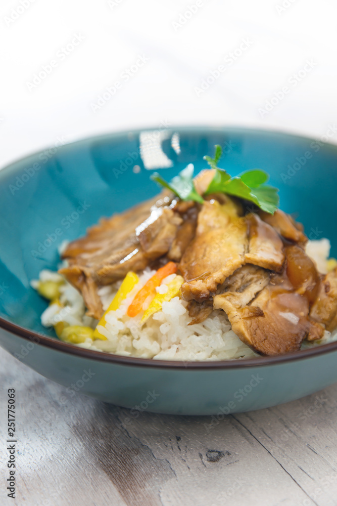 Asian style caramel pork with rice and vegetable Asian style caramel pork with rice and vegetable
