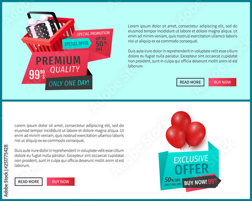 Premium quality products, best offer web pages vector. Promotion  of goods, save money with purchasing products on sale. Sellout of shops buy now