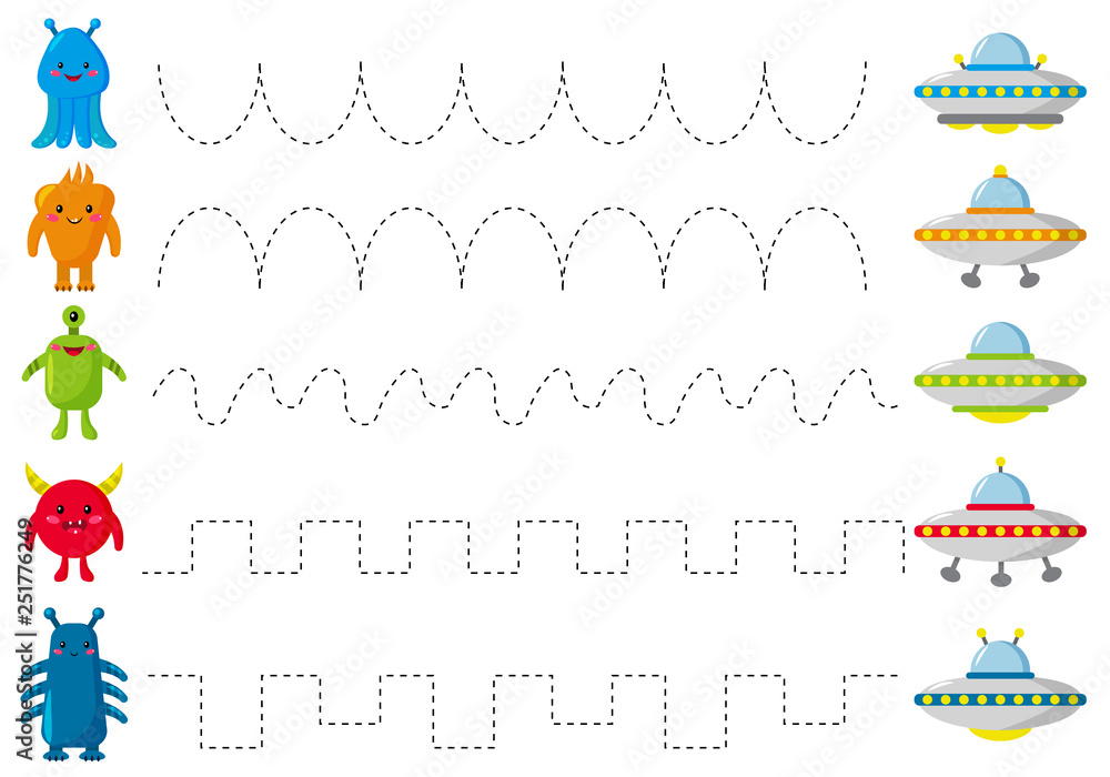 Trace line worksheet for kids, practicing fine motor skills. Help aliens fly to the UFO. Educational game for preschool kids. Cute kawaii monsters. Vector illustration. Stock Vector | Adobe Stock trace-line-worksheet-for-kids-practicing-fine-motor-skills-help-aliens-fly-to-the-ufo-educational-game-for-preschool-kids-cute-kawaii-monsters-vector-illustration-stock-vector-adobe-stock