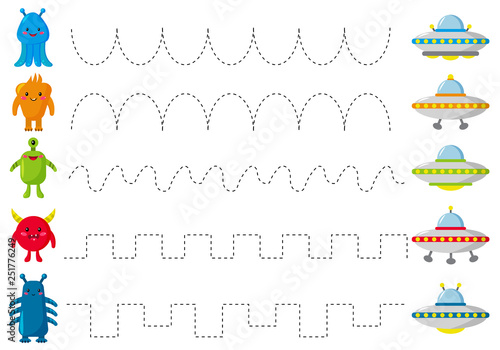 Trace line worksheet for kids, practicing fine motor skills. Help aliens fly to the UFO. Educational game for preschool kids. Cute kawaii monsters. Vector illustration.
