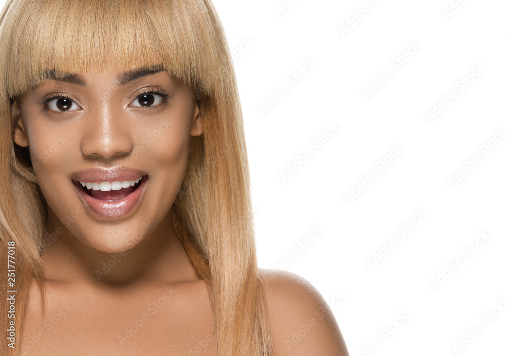 Beautiful african american woman healthy skin face close up cosmetic concept isolated on white Beautiful african american woman healthy skin face close up cosmetic concept isolated on white
