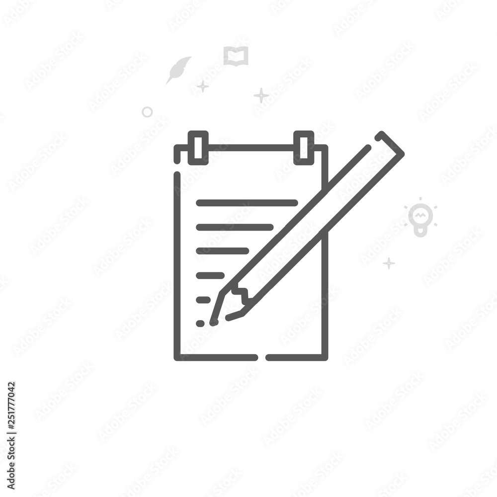 Notepad with Pencil Vector Line Icon. Writing, Authors and Books Symbol, Pictogram, Sign. Light Abstract Geometric Background. Editable Stroke. Adjust Line Weight. Design with Pixel Perfection. Notepad with Pencil Vector Line Icon. Writing, Authors and Books Symbol, Pictogram, Sign. Light Abstract Geometric Background. Editable Stroke. Adjust Line Weight. Design with Pixel Perfection.