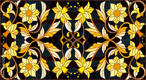Illustration in stained glass style with floral ornament ,imitation gold on dark background with swirls and floral motifs