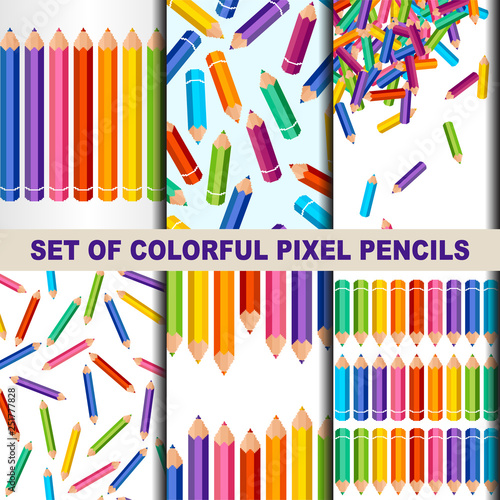 Vector set of colorful pixel pencils. Pixel art seamless pattern. 8 bit. Set for cards, posters, banners, wrapping paper. 