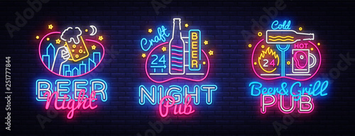 Big set neon signboard, theme Beer. Beer Pub Neon Banner Vector. Design template, modern trend design, night light signboard, night bright advertising. Vector illustration