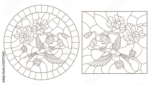 A set of contour illustrations of stained glass Windows with Hummingbird  and orchids, round and rectangular images