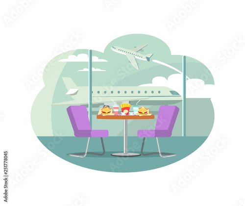 Bistro cafe at airport vector, table with served food. Plane flights nutrition at waiting room, burger soda in plastic cup with straw. Fastfood restaurant