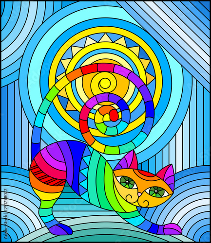 Illustration in stained glass style with abstract geometric cat and the sun on an abstract blue background