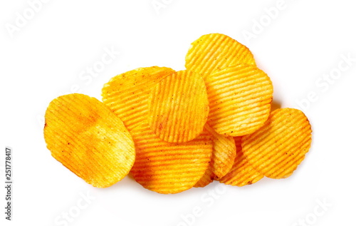 Pepper, paprika flavored potato chips, crisps isolated on white background, top view