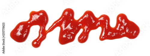 Ketchup, tomato sauce splatter, spill isolated on white background, top view