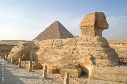 Sphinx Sideview Closeup againts Great Pyramid  Cairo