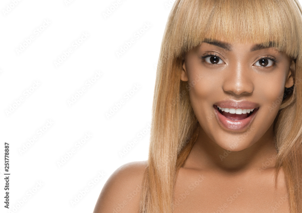Beautiful african american woman healthy skin face close up cosmetic concept isolated on white Beautiful african american woman healthy skin face close up cosmetic concept isolated on white