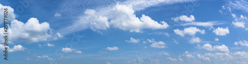 Panorama or panoramic photo of blue sky and clouds or cloudscape.