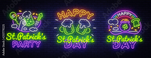 St. Patrick's Day neon sign collection vector. Happy Saint Patrick's Day Design template and web for banner, poster, greeting card, party invitation, light banner. Isolated illustration