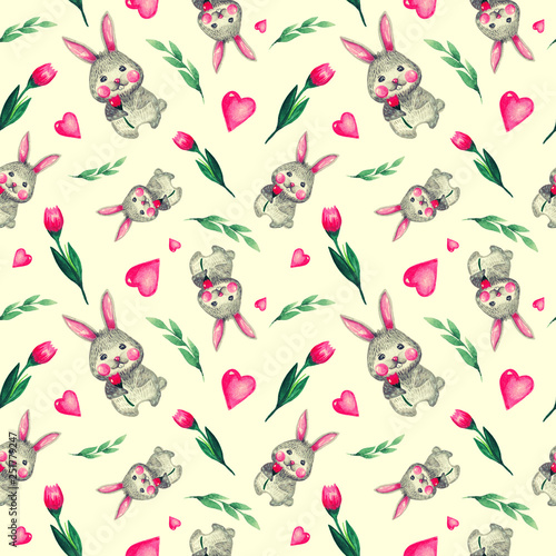 Seamless pattern cute rabbit with pink Tulip on yellow toned background.