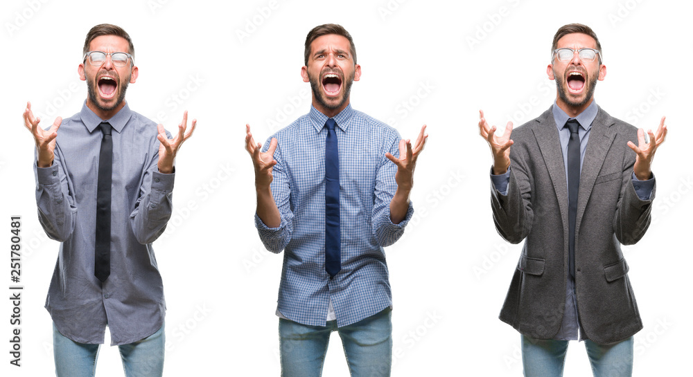 Collage of young business hispanic man over isolated background crazy and mad shouting and yelling with aggressive expression and arms raised. Frustration concept. Collage of young business hispanic man over isolated background crazy and mad shouting and yelling with aggressive expression and arms raised. Frustration concept.