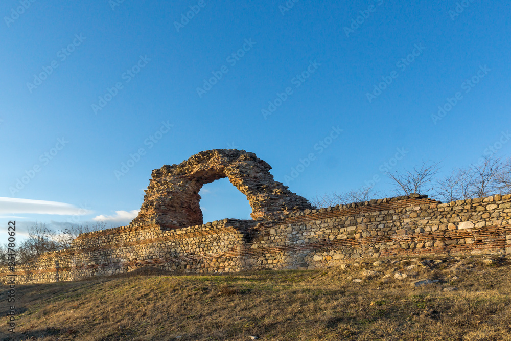 Sunset view of Ruins of fortifications of ancient Roman city of Diocletianopolis, town of Hisarya, Plovdiv Region, Bulgaria