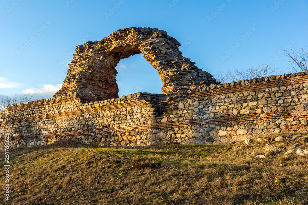 Sunset view of Ruins of fortifications of ancient Roman city of Diocletianopolis, town of Hisarya, Plovdiv Region, Bulgaria