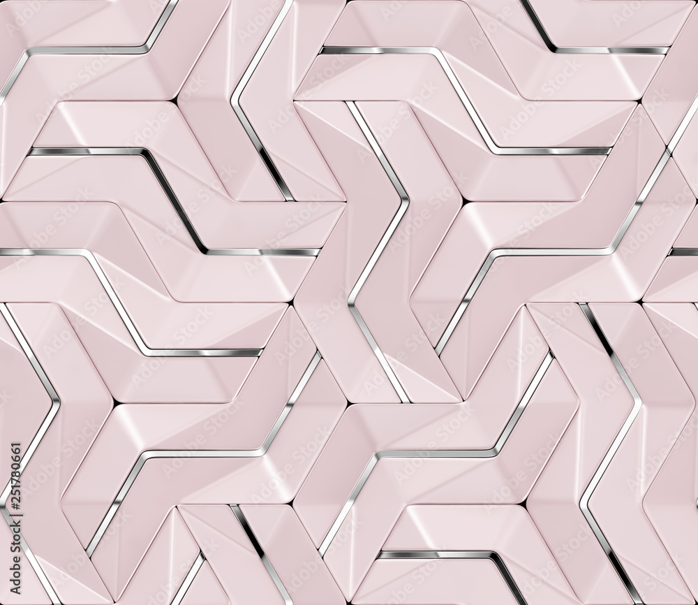 3D wallpaper pink panels with chrome metallic decor. Shaded geometric