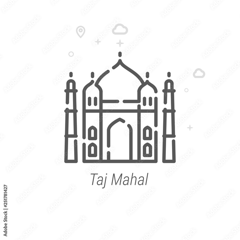 Taj Mahal, India Vector Line Icon. Historical Landmarks Symbol, Pictogram, Sign. Light Abstract Geometric Background. Editable Stroke. Adjust Line Weight. Design with Pixel Perfection.