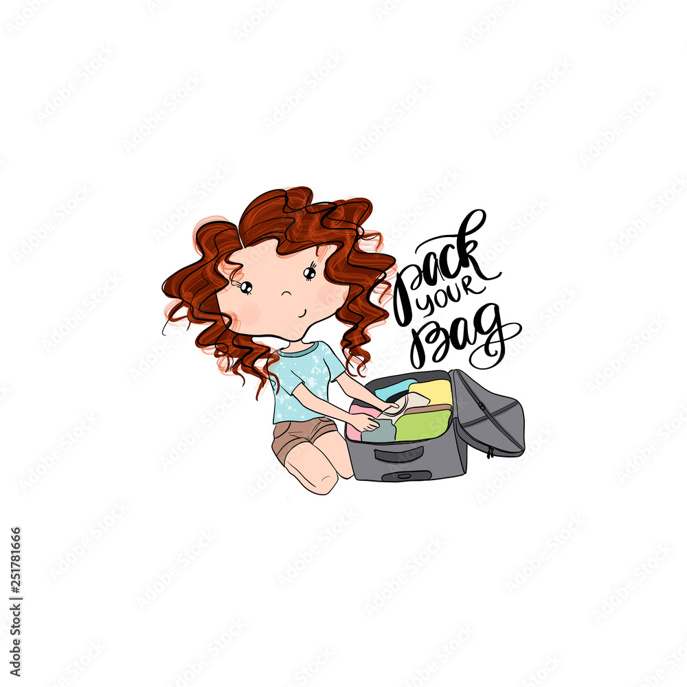 Fototapeta premium Red Hair Girl Packs A Suitcase Isolated On A White Background Pack Your Bag Hand Drawn Illustration