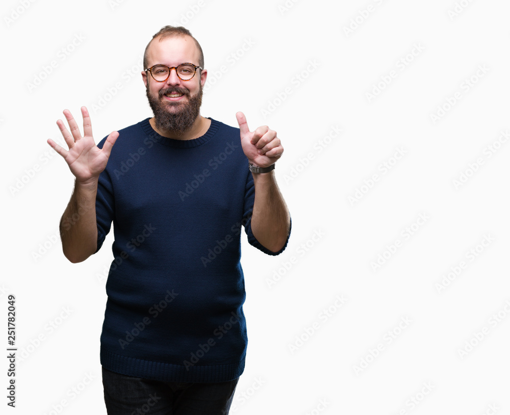 Young caucasian hipster man wearing sunglasses over isolated background showing and pointing up with fingers number six while smiling confident and happy. Young caucasian hipster man wearing sunglasses over isolated background showing and pointing up with fingers number six while smiling confident and happy.