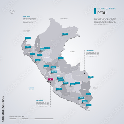 Peru vector map with infographic elements, pointer marks.