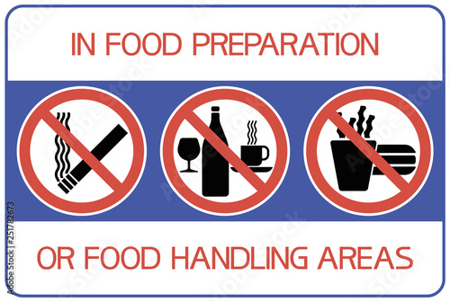 In food preparation or food handling areas. It is forbidden to smoke, chant drinks, eat at the workplace.