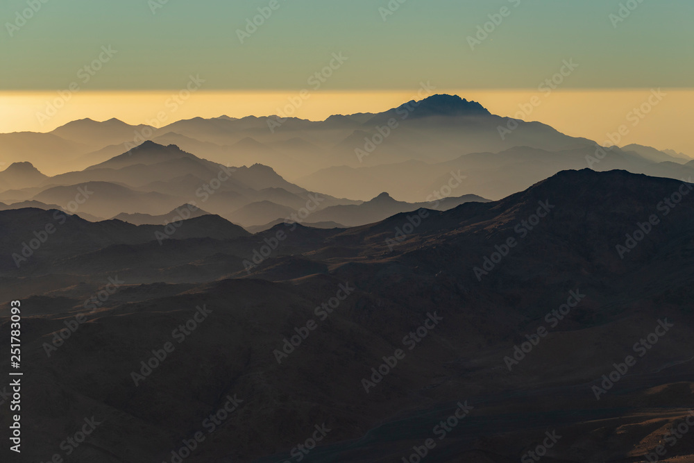 Obraz premium Egypt. Mount Sinai in the morning at sunrise. (Mount Horeb, Gabal Musa, Moses Mount). Pilgrimage place and famous touristic destination.