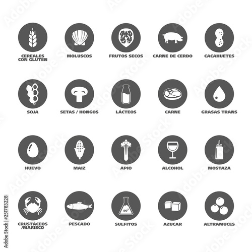 Isolated Vector Logo Set Badge Ingredient Warning Label. Black and white Allergens icons. Food Intolerance. Written in Spanish