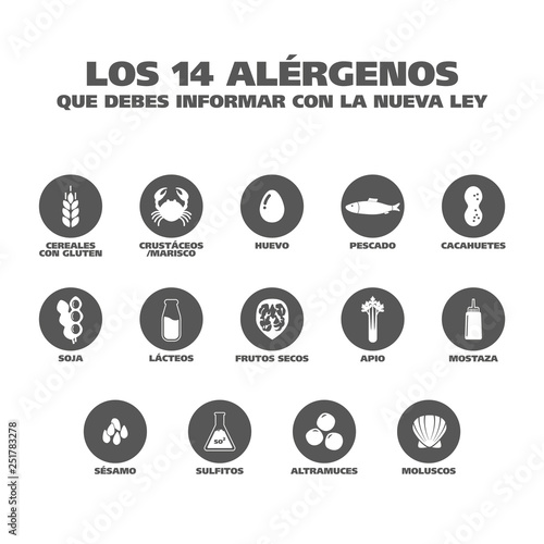 Isolated Vector Logo Set Badge Ingredient Warning Label. Colorful Allergens icons. Food Intolerance. "The 14 allergens you should report with the new law" written in Spanish