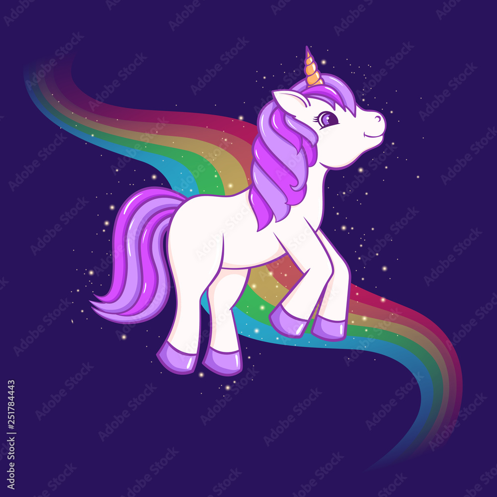 Cute Cartoon Unicorn with rainbow on background. Vector illustration