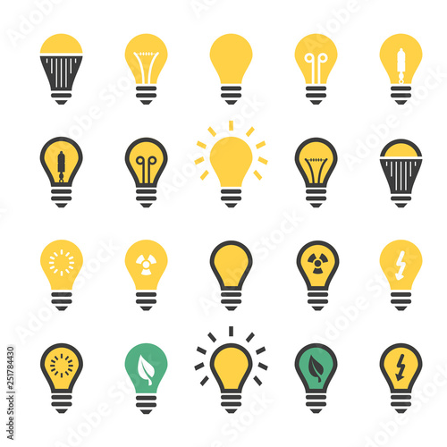 Set Light bulbs, Led lamps types, fluorescent, filament, halogen, diode and other illumination. Electric shop ideas.