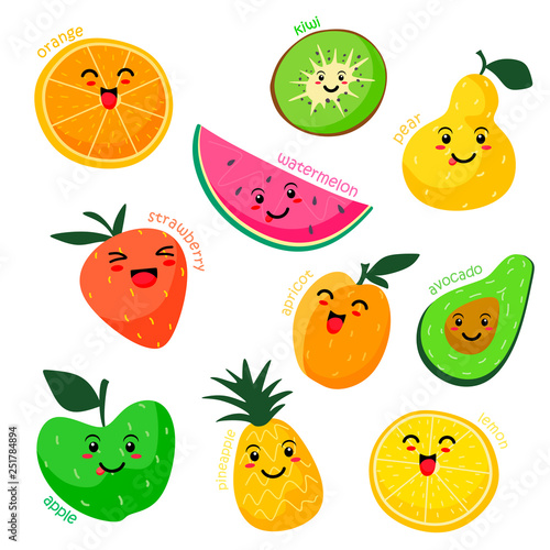 Vector collection of cute fruits. Funny set of fruits on a white background
