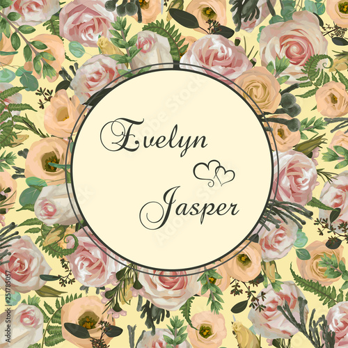 Wedding floral invitation, invite card. Vector with flower and leaves pattern background. Pink rose flowers, eustoma cream, brunia, green fern, eucalyptus, branches buxus. Natural, green round