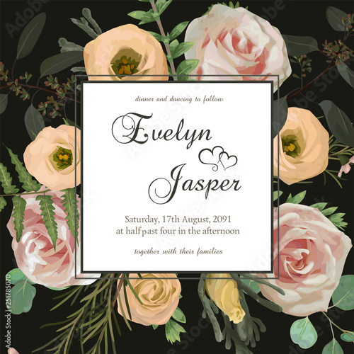 Wedding floral invitation, invite card. Vector with flower and leaves pattern background. Pink rose flowers, eustoma cream, brunia, green fern, eucalyptus, branches buxus. Natural, green square frame