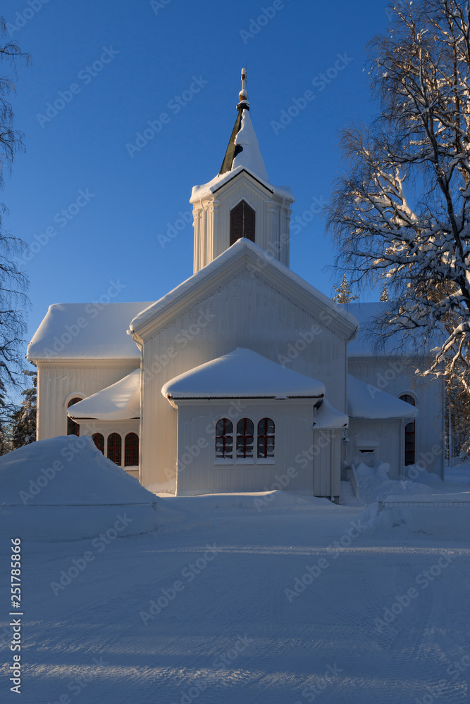 the winter in Lapland, Norrbotten, Sweden, the little white church of Osterjorn