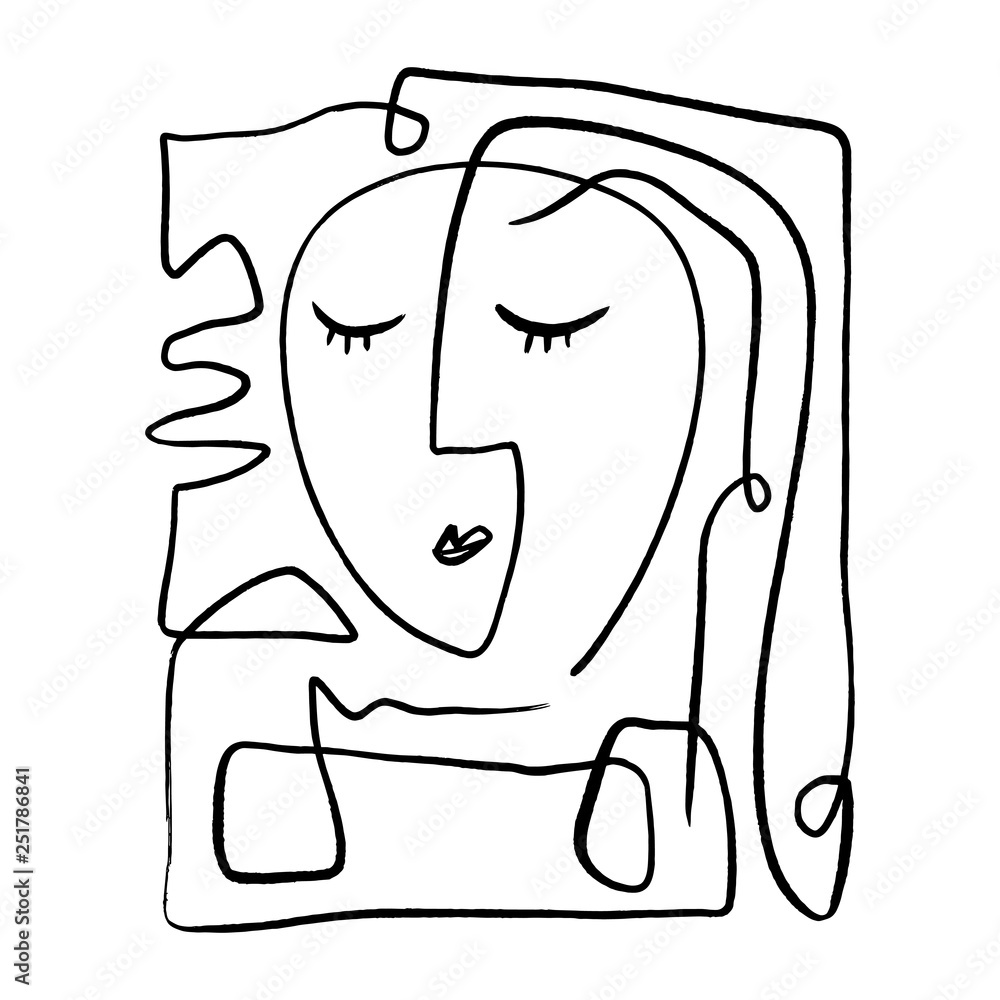 Simple hand drawn black and white trendy line portrait art. Abstract ...