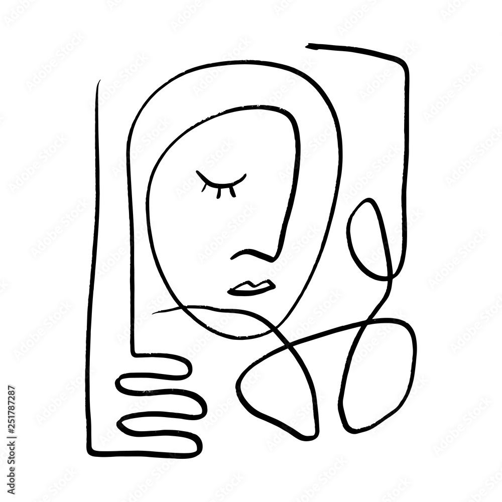 Simple hand drawn black and white trendy line portrait art. Abstract ...