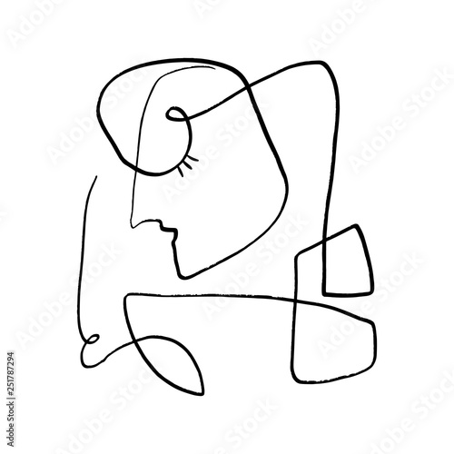 Simple hand drawn black and white trendy line portrait art. Abstract composition